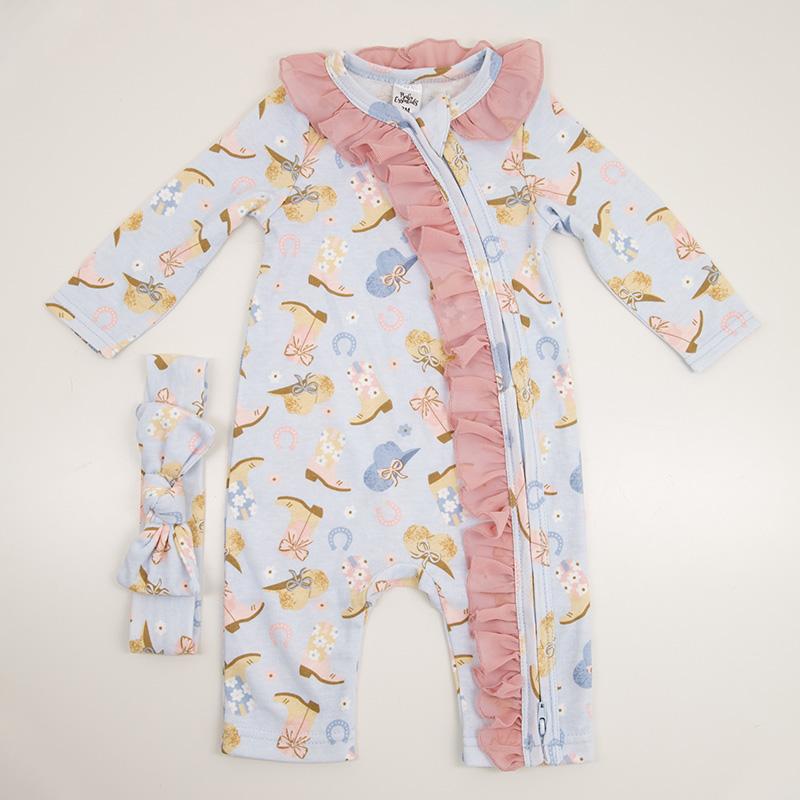 Infant Boot Print Ruffled Romper and Headband Set