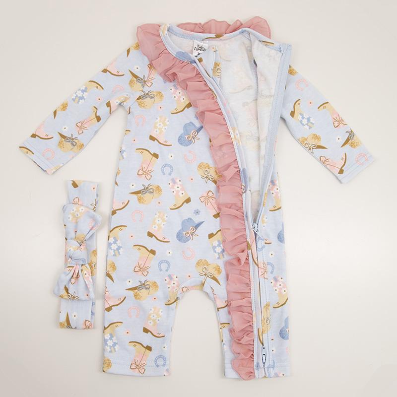 Infant Boot Print Ruffled Romper and Headband Set