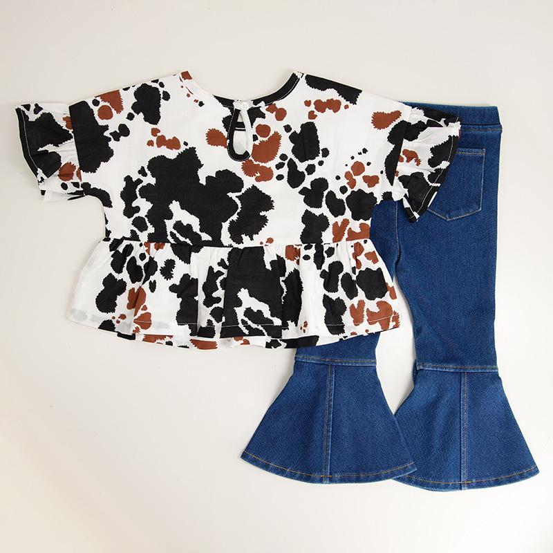 Woven Cow Print Top with Bow Flare Jeggings
