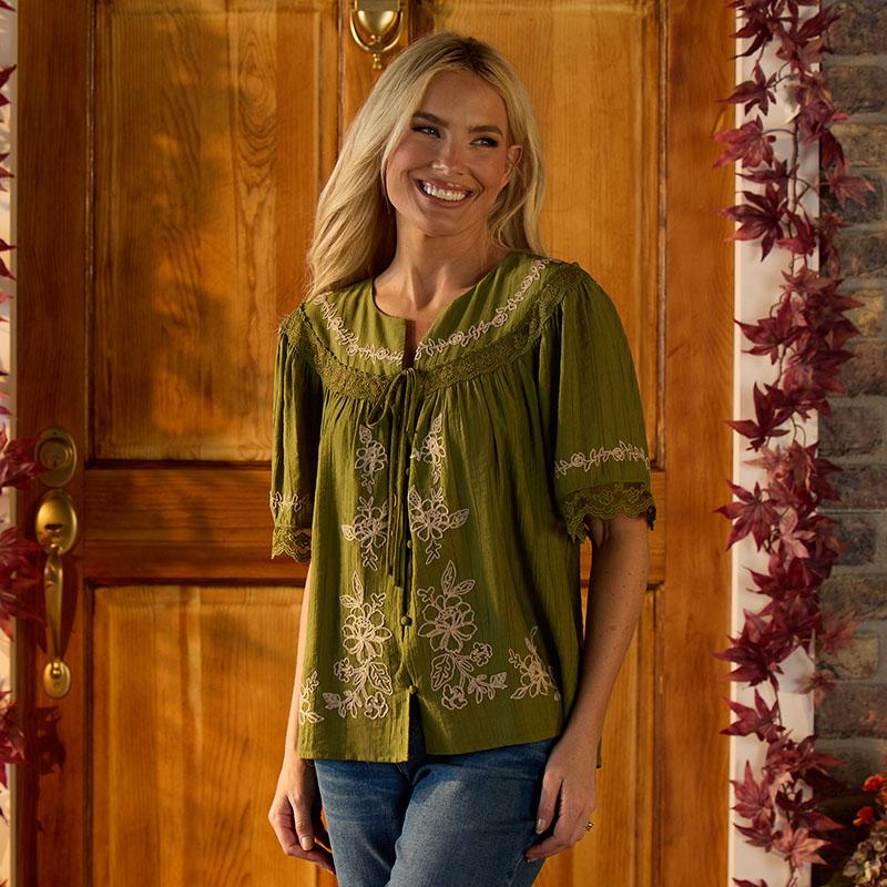Olive Top with Embroidery
