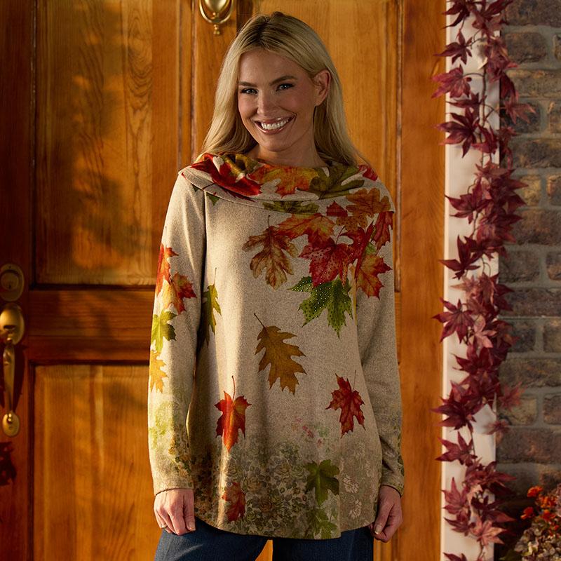 Autumn Leaves Hacci Cowl Neck Top
