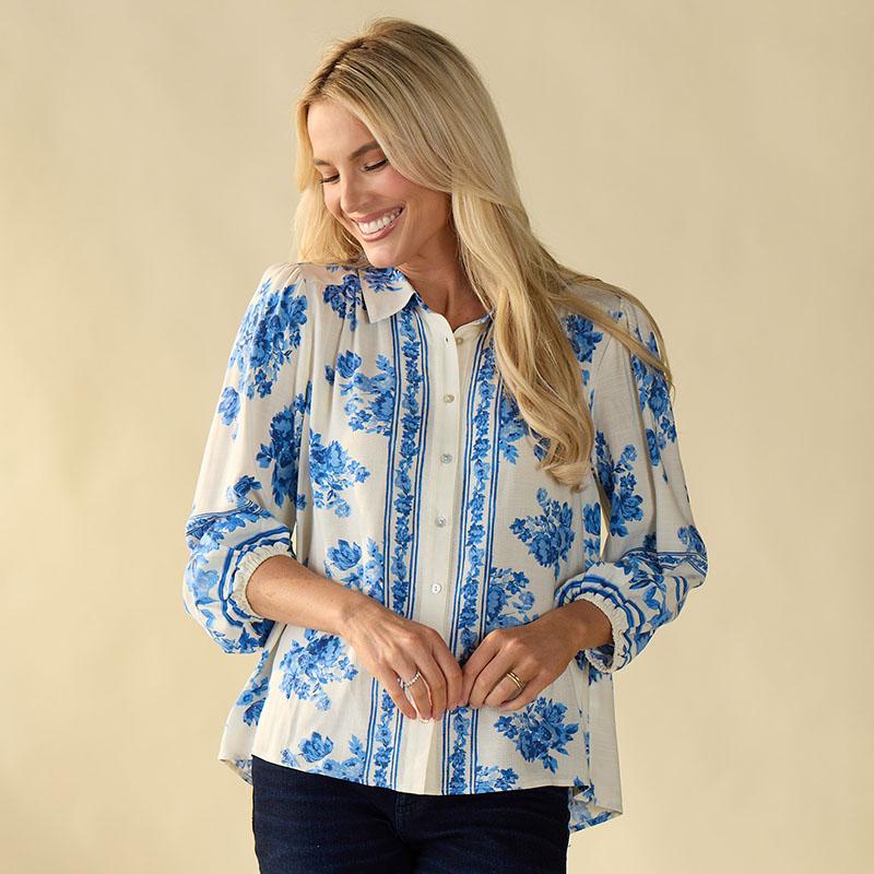 Blue Print Button Up Front Top