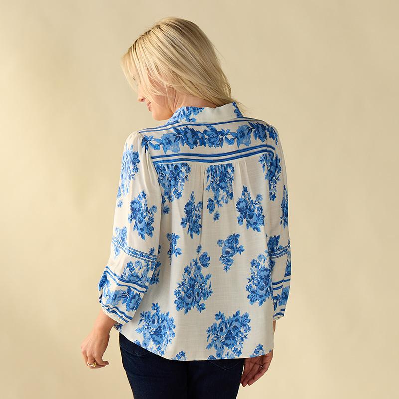 Blue Print Button Up Front Top