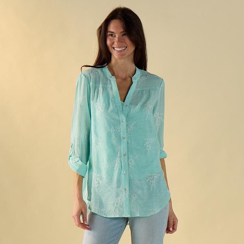 Aqua with Coral Embroidered Top