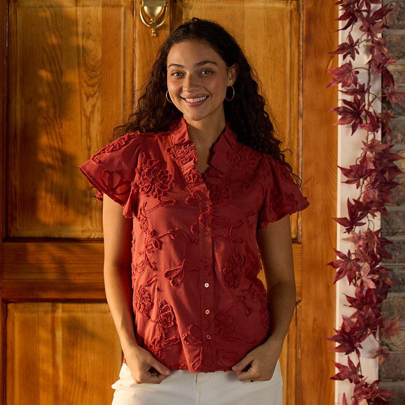 Rust Ruffle Neck Texture Top