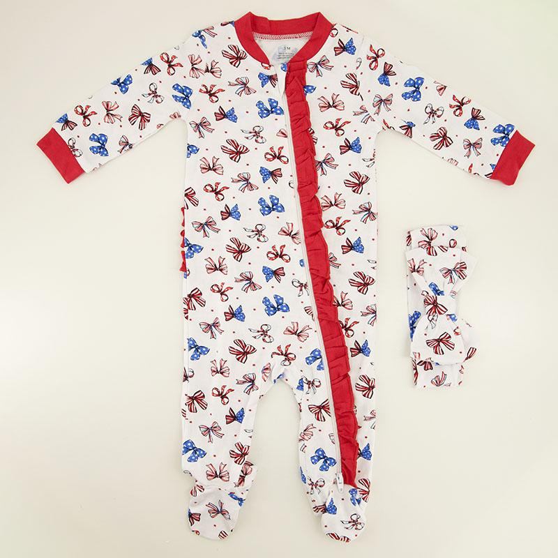 Infant Red, White, and Blue Bow Print Ruffle Butt Footsie
