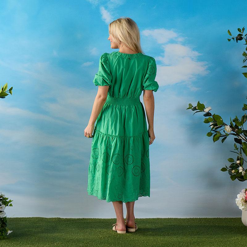 Eyelet Green Ruffle Midi Dress