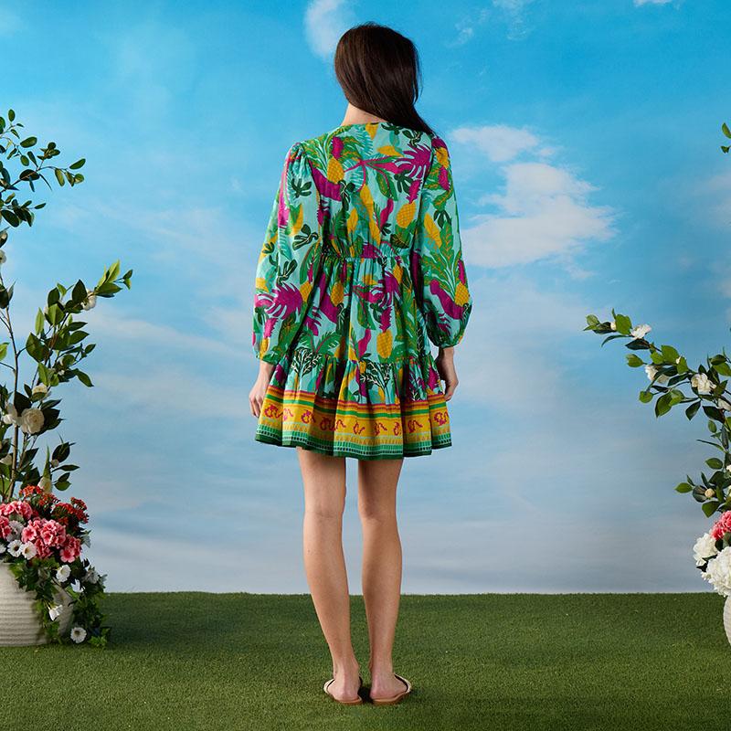 Embroidered Neck Tropical Short Dress