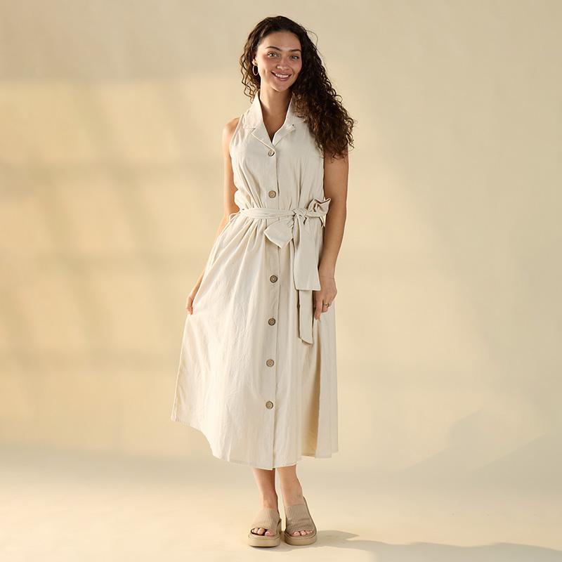 Tan Sleeveless Shirt Dress