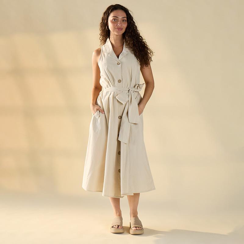 Tan Sleeveless Shirt Dress