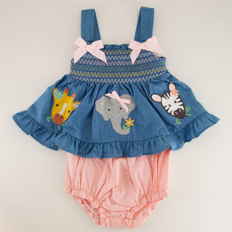 Infant Smock 3 Applique Blue Denim Bloomer Dress