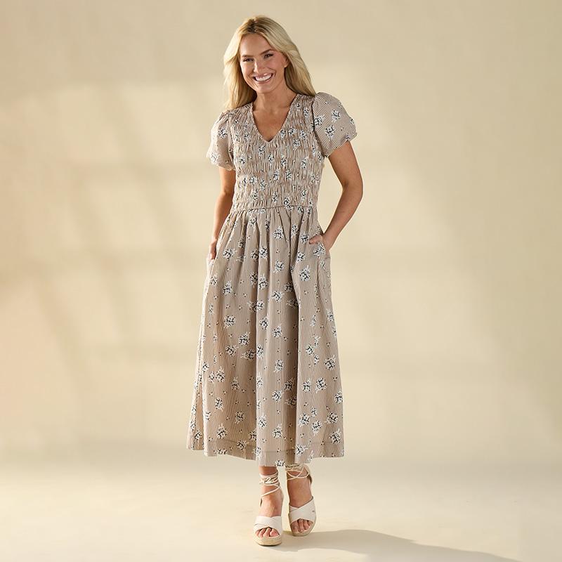 Tan Smock Bodice Dress