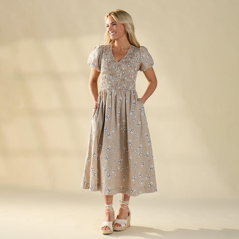 Tan Smock Bodice Dress