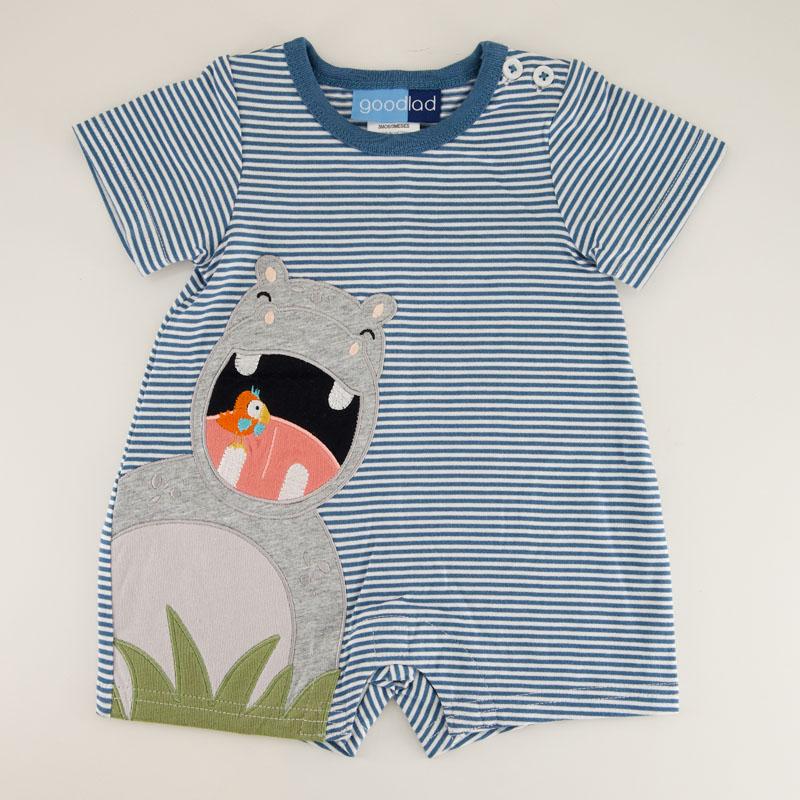 Infant Knit Hippo Applique Blue Romper