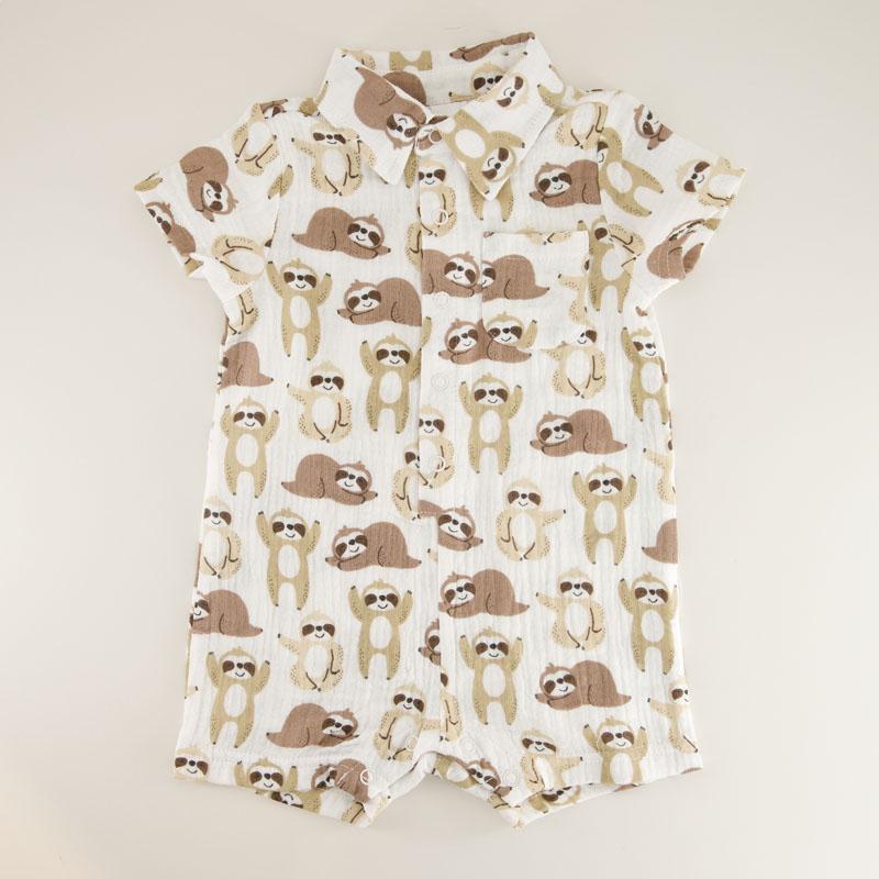 Infant Sloth Print Ivory Gauze Romper