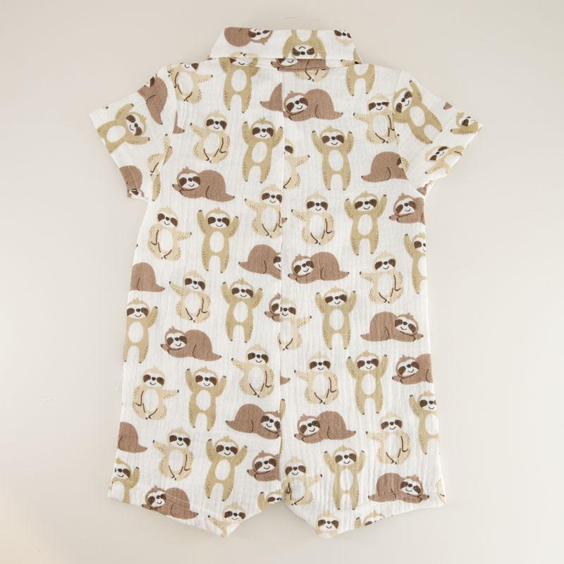 Infant Sloth Print Ivory Gauze Romper