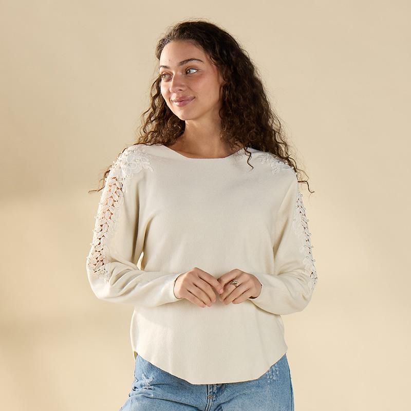 Crochet Sleeve Dolman White Sweater
