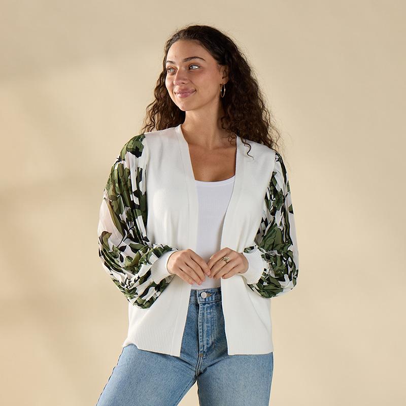 Ivory Pleated Sleeve Cardigan
