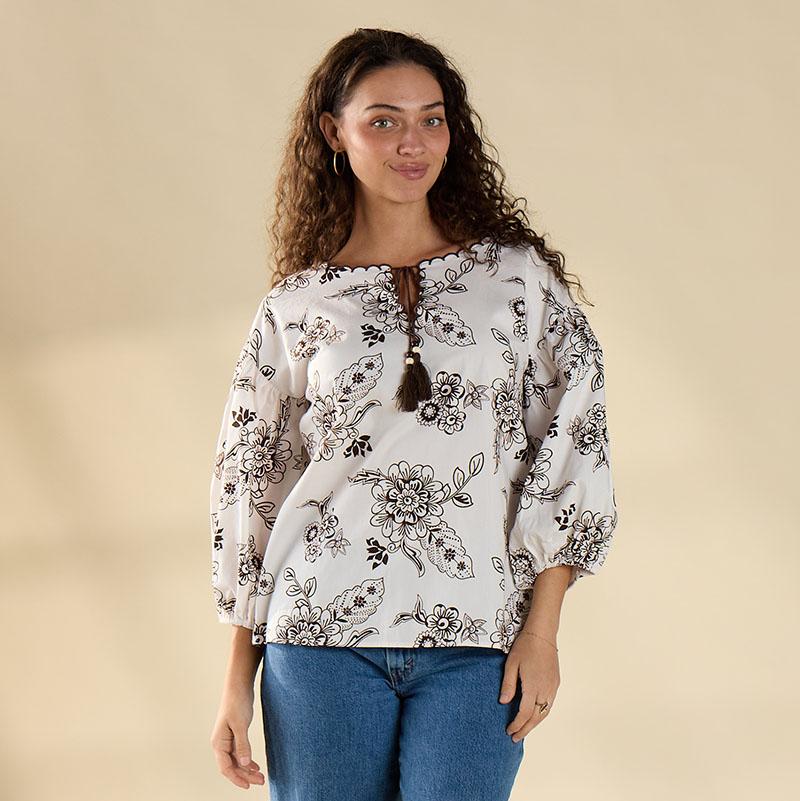 White Floral Peasant Top with Embroidery