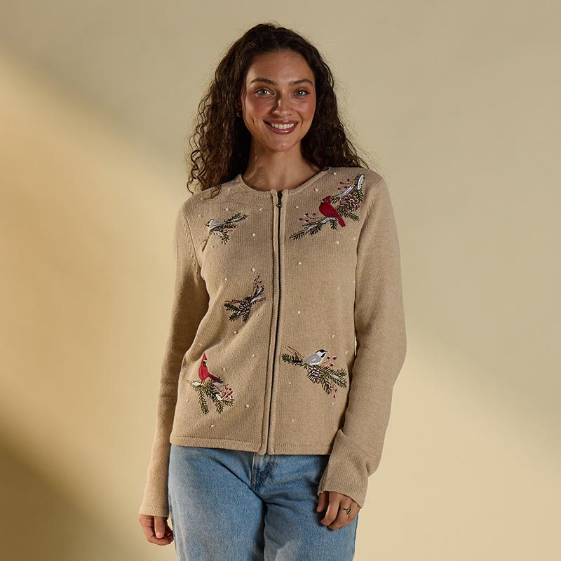 Bird Embroidered Brown Zip Front Cardigan