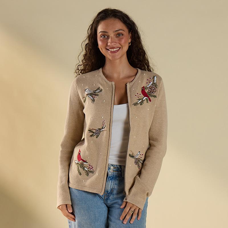 Bird Embroidered Brown Zip Front Cardigan