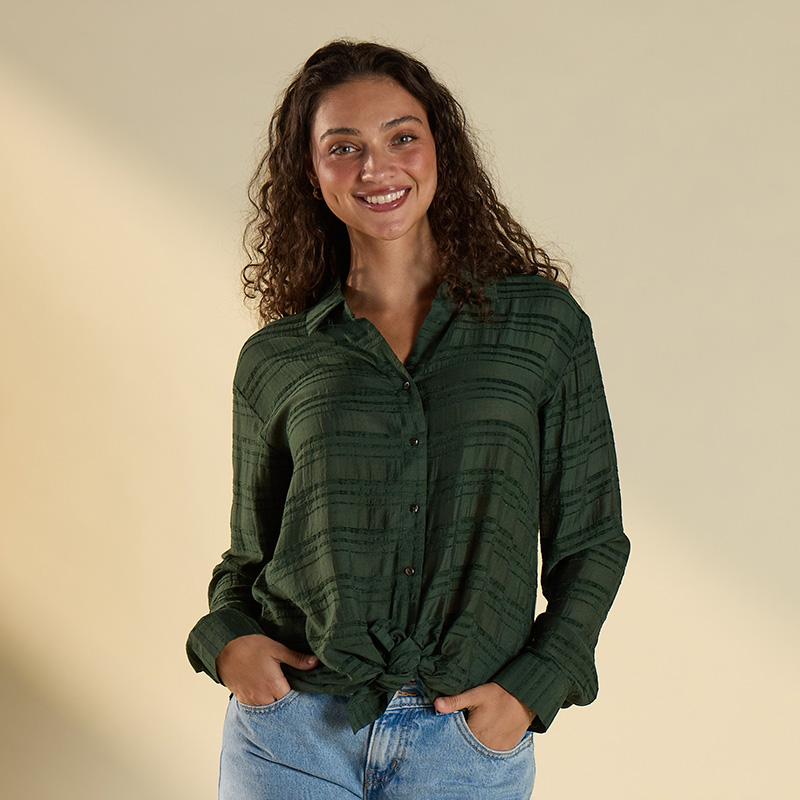 Green Texture Button Front Top
