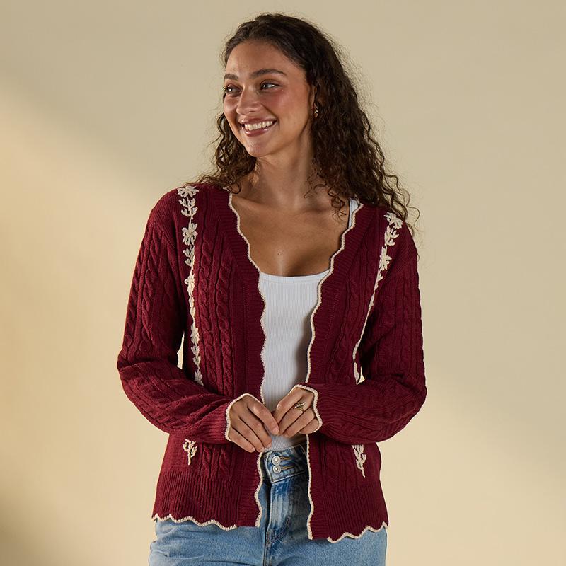 Burgundy Embroidered Cardigan