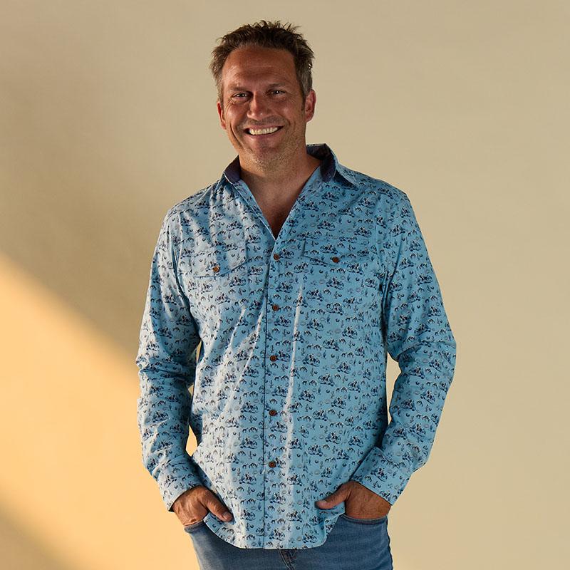 Horse Conversation Print Woven Blue Shirt