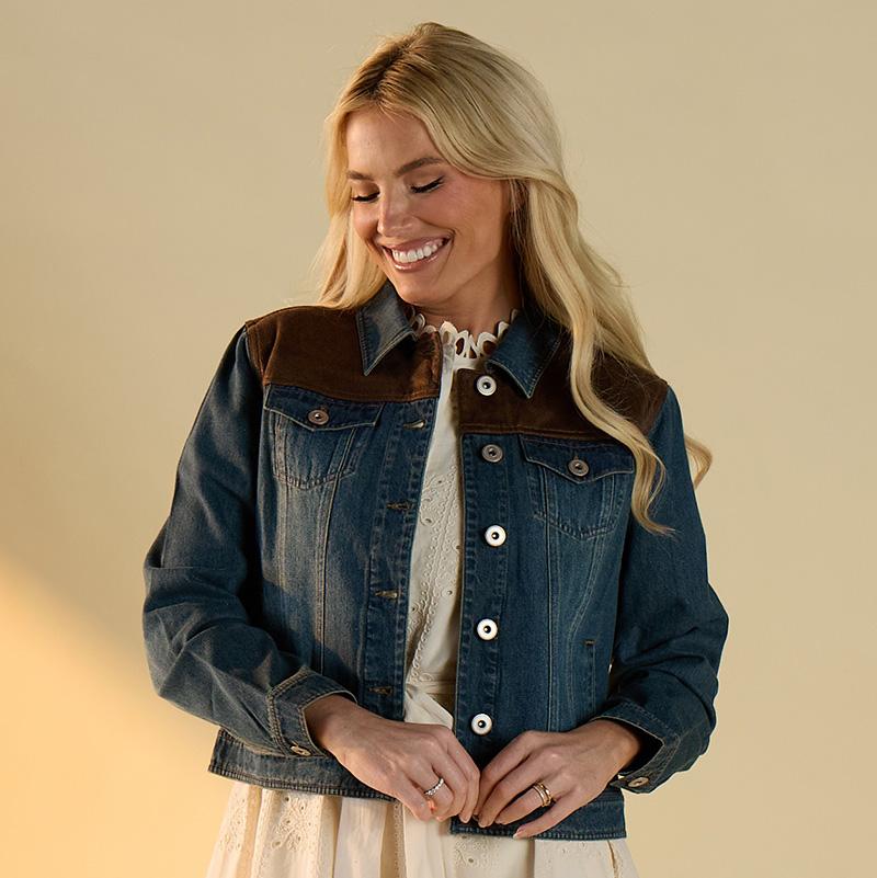 Jean Jacket with Faux Leather Shoulder Trim