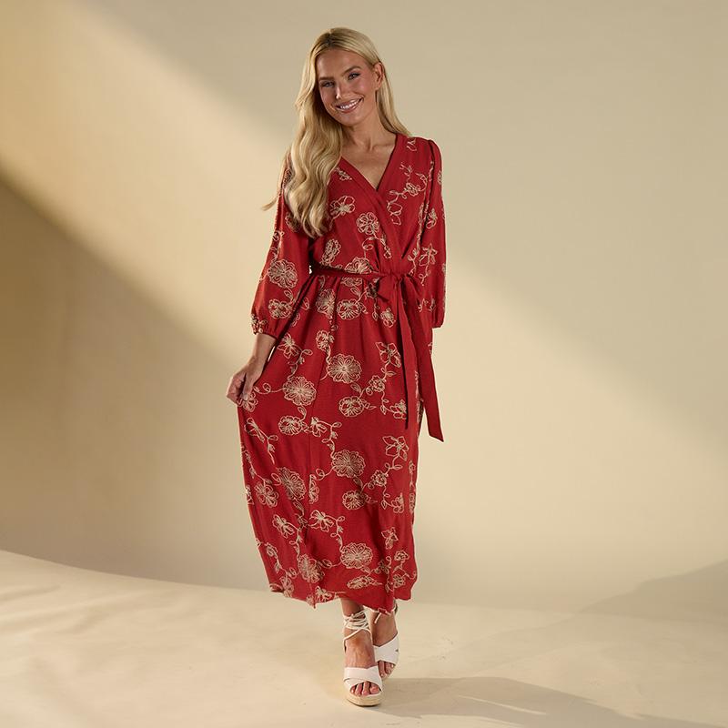 Red Faux Wrap Embroidered Dress