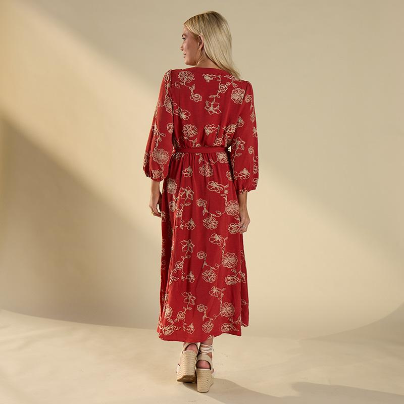 Red Faux Wrap Embroidered Dress