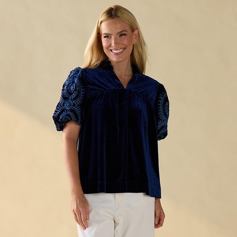 Navy Velvet Top with Embroidered Sleeves