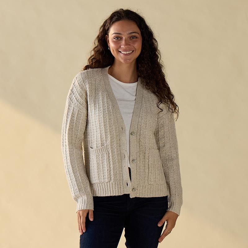 Beige Sequin Button Front Cardigan
