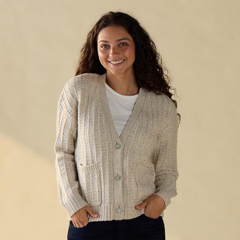 Beige Sequin Button Front Cardigan