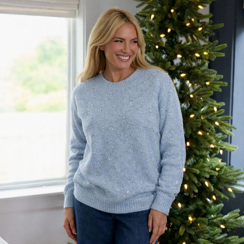 Blue Sequin Mock Neck Sweater