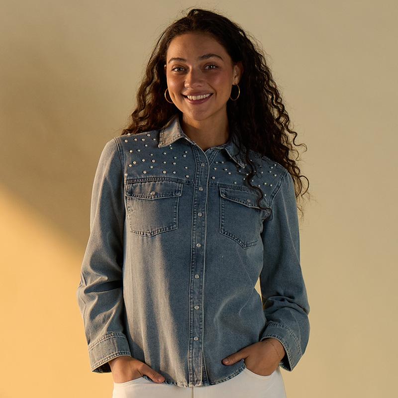 Pearl Detail Denim Top