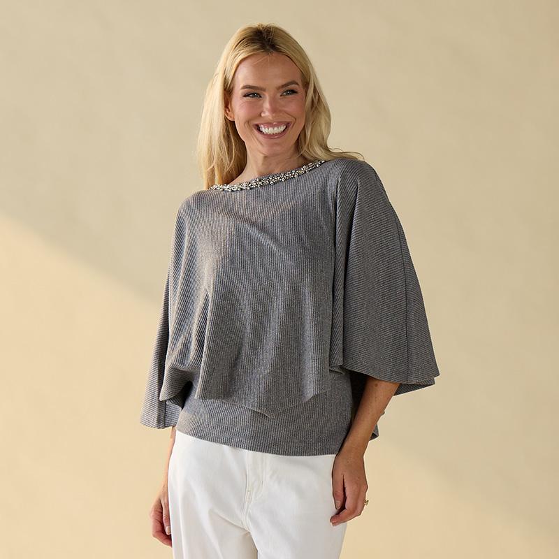 Gray Poncho with Bling Neckline